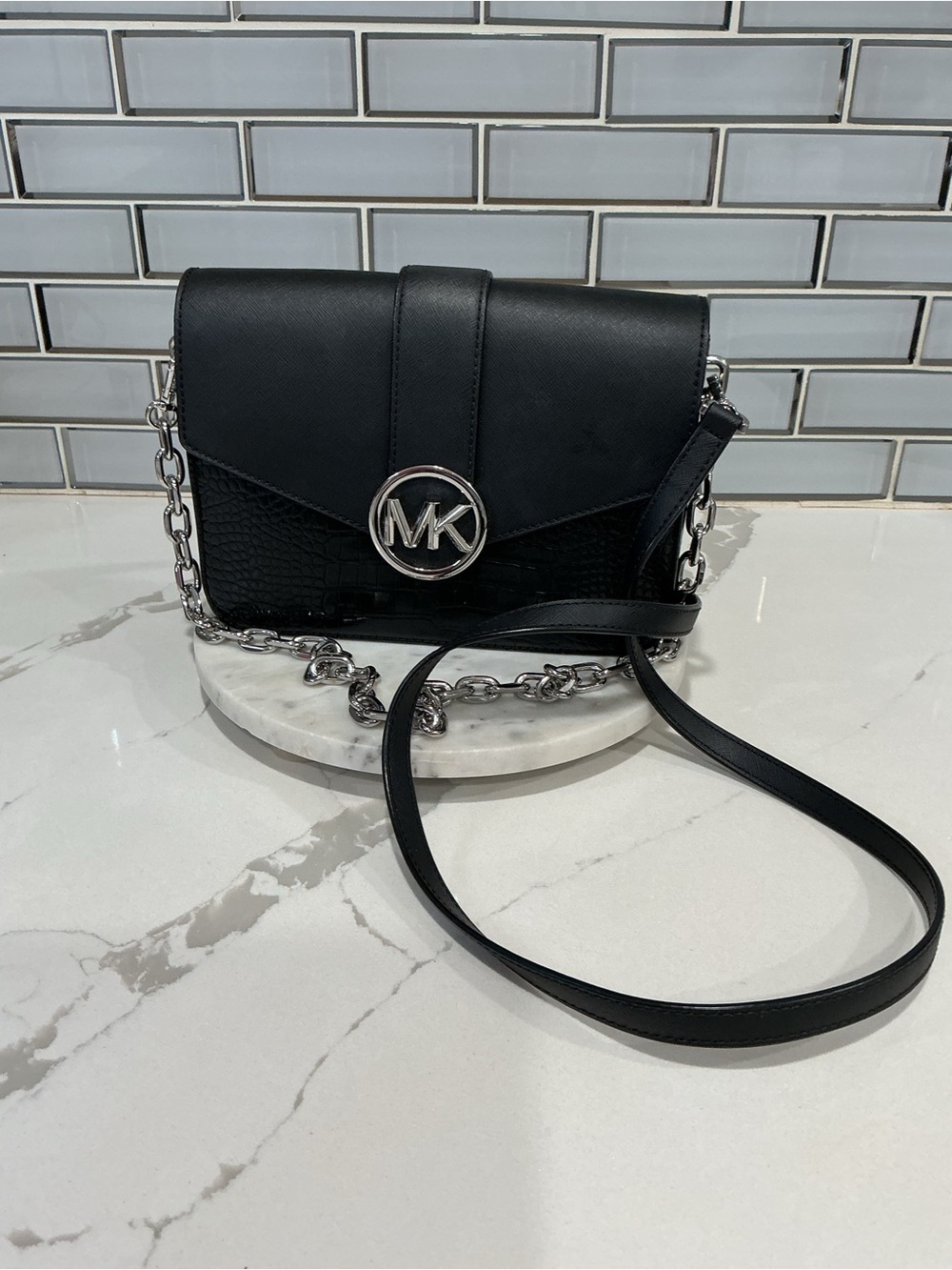 Michael Kors Black Leather MK Circle Logo Chain Crossbody